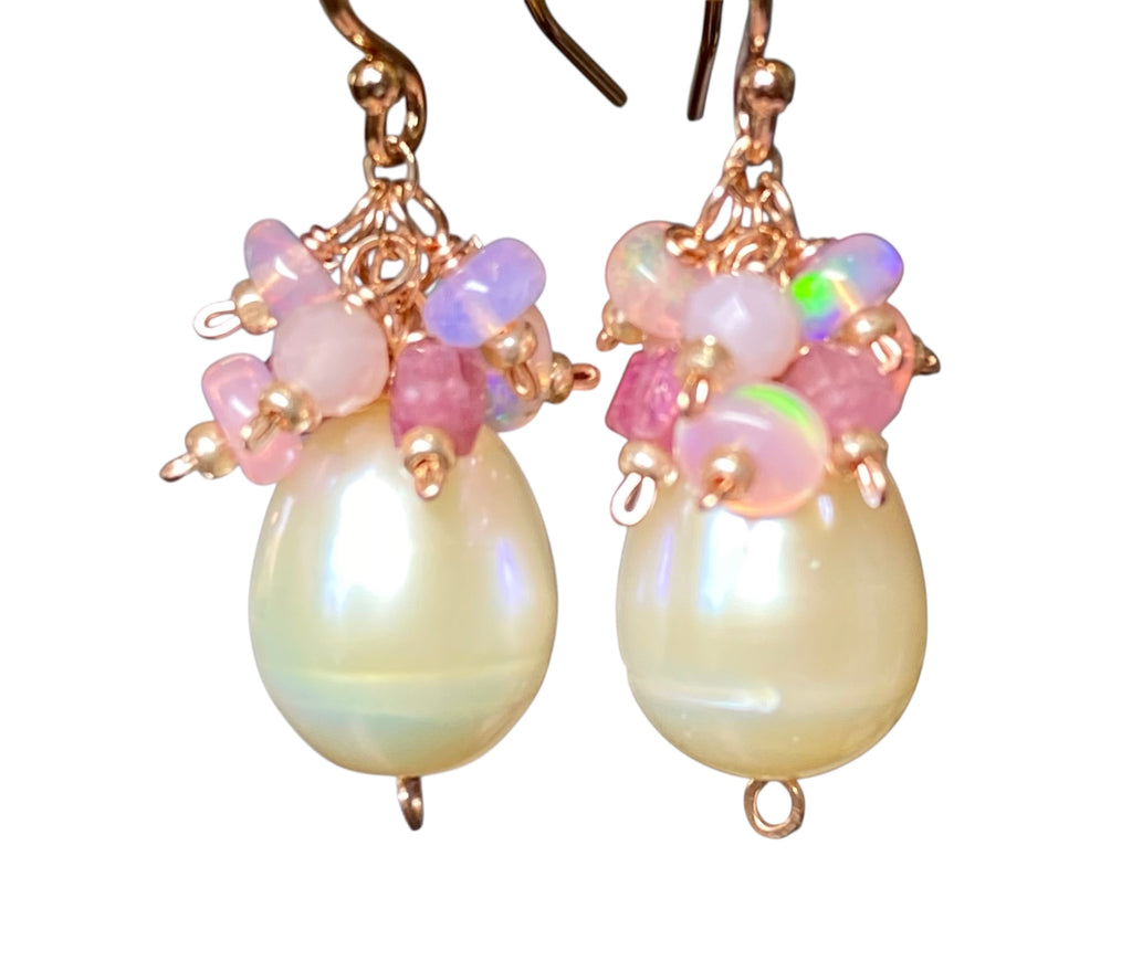 Blush Pink Pearl Cluster Earrings Rose Gold Fill