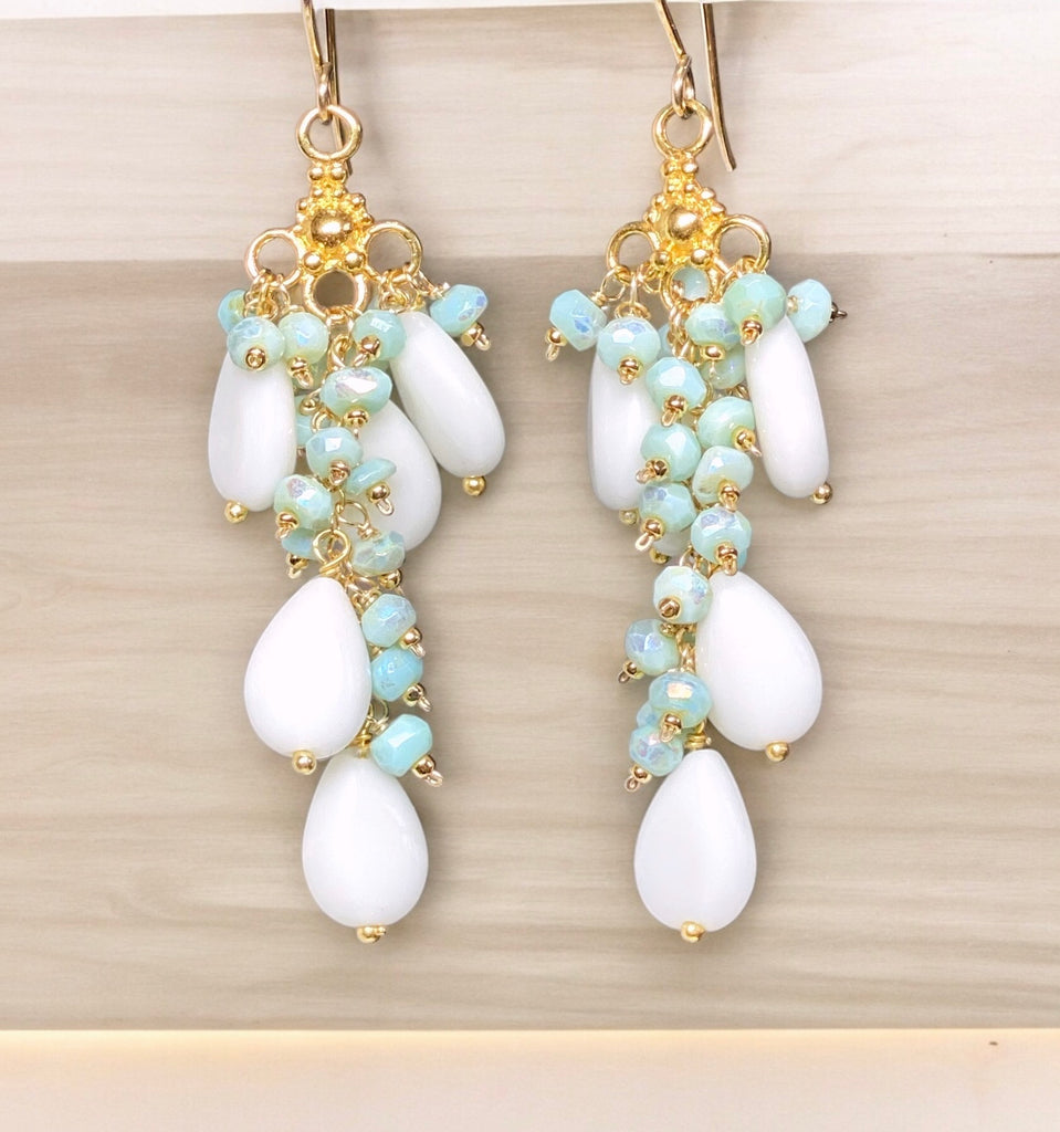 White and Aqua Mystic Peruvian Opal Long Gem Dangle Chandelier Earrings