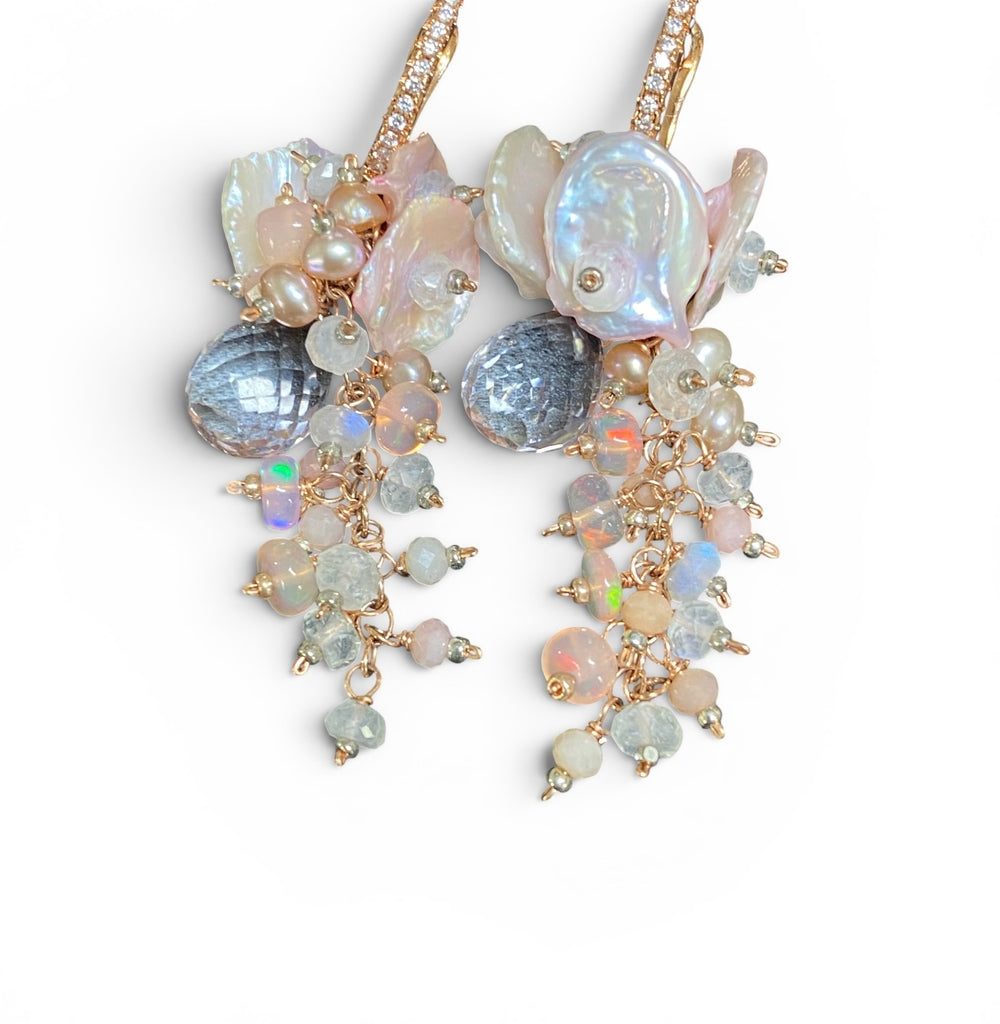 Pink Pearl and Pink Gemstone Long Dangle Earrings Rose Gold Fill - Doolittle