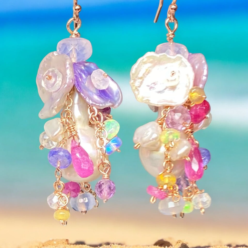 Flameball Pearl and Multicolor Gemstone Chain Dangle Earrings Rose Gold