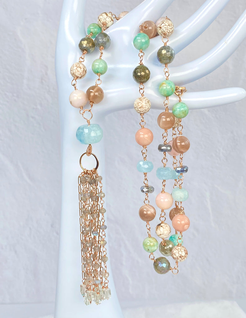 Aquamarine Labradorite Multi-Gemstone Long Tassel Necklace — Rose Gold Fill