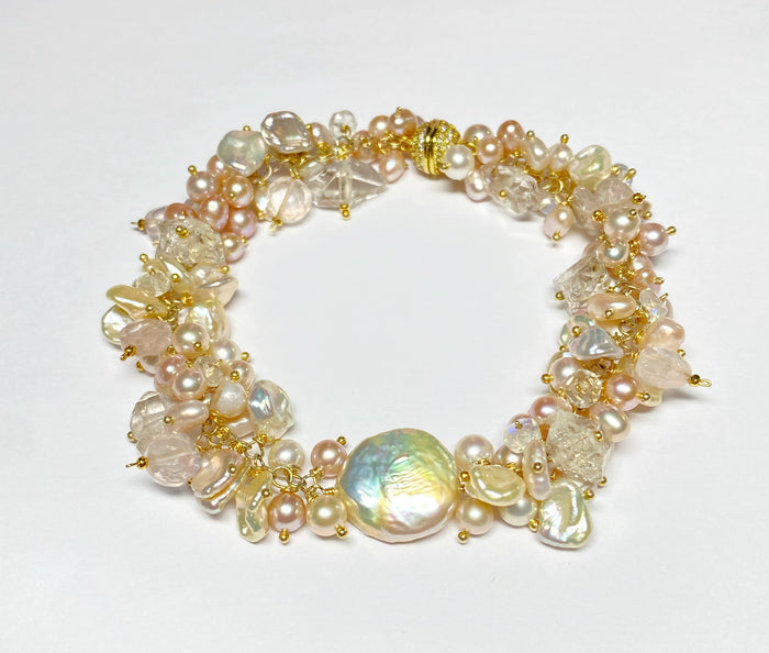 Ivory Blush Pearl Cluster Bracelet with Herkimer Diamond Quartz