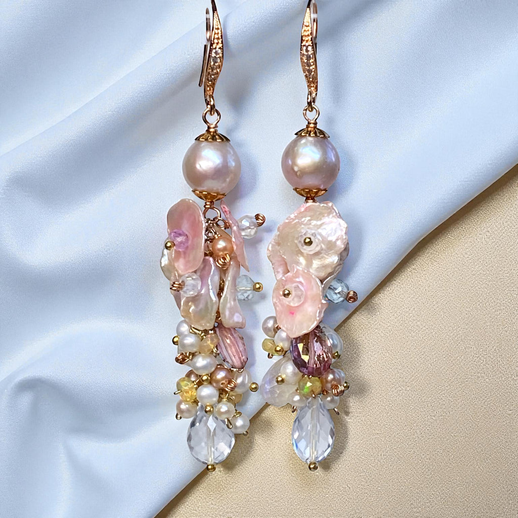 Blush Keishi Pearl Pink Topaz Ivory Pearl Rose Gold Long Dangle Bridal Earrings
