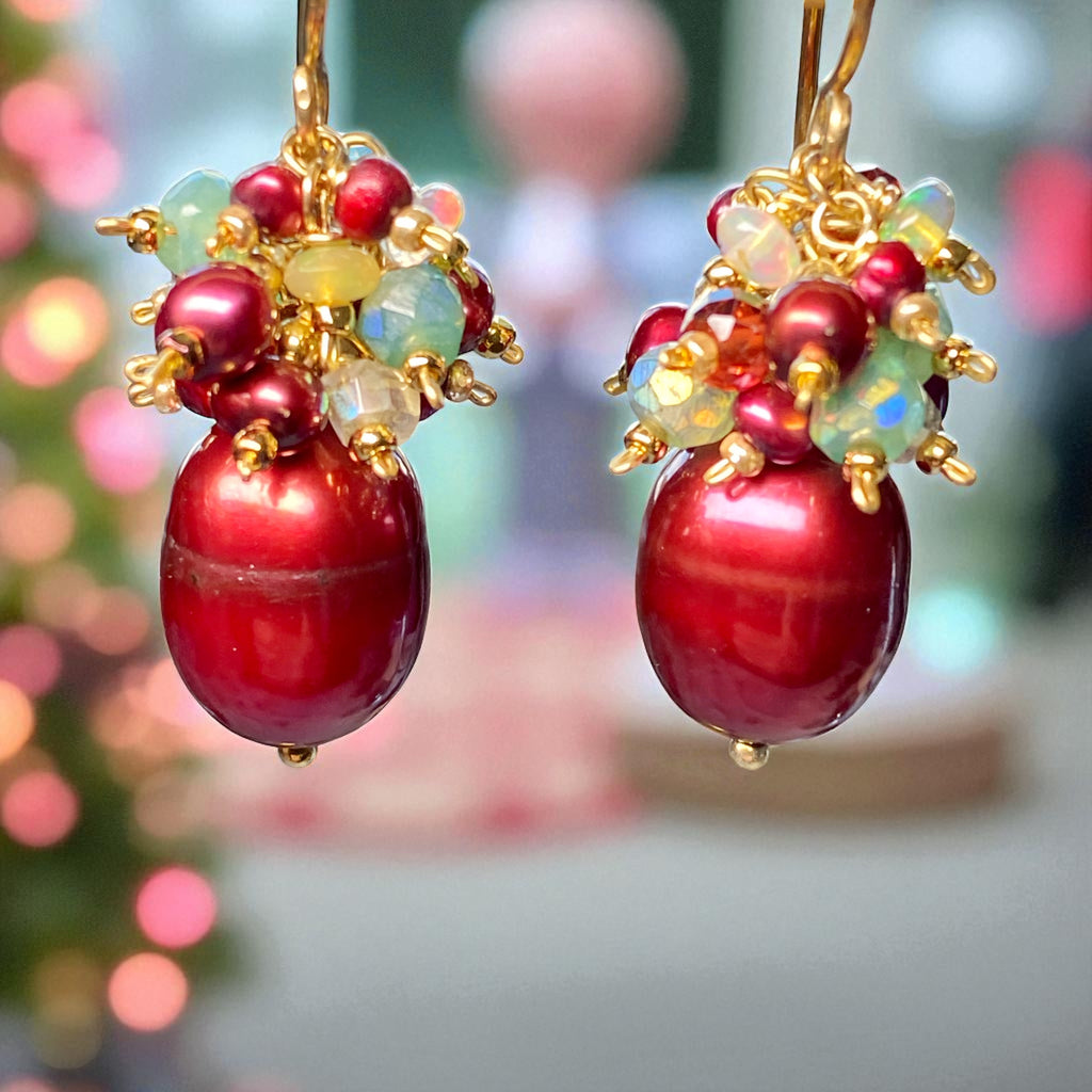 Red Pearl Gemstone Cluster Earrings, Gold Fill
