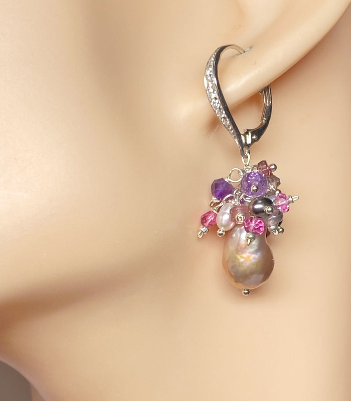 Baroque Pearl Amethyst Cluster Earrings Sterling SIlver