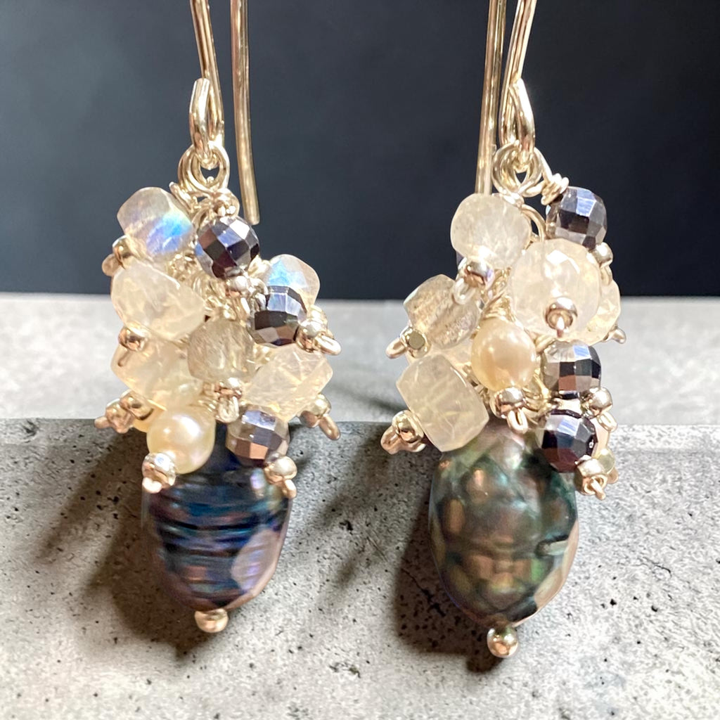 Petite Peacock Pearl Cluster Earrings — Pearl, Moonstone, Labradorite, Mystic Black Terahertz