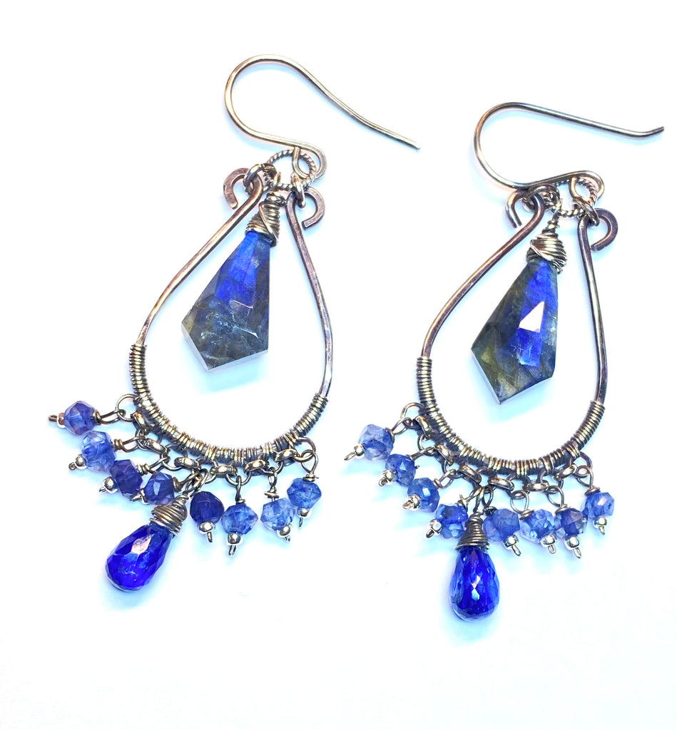 Blue Gemstone Statement Chandelier Earrings Oxidized Sterling Silver Blue Labradorite, Iolite, Kyanite - Doolittle