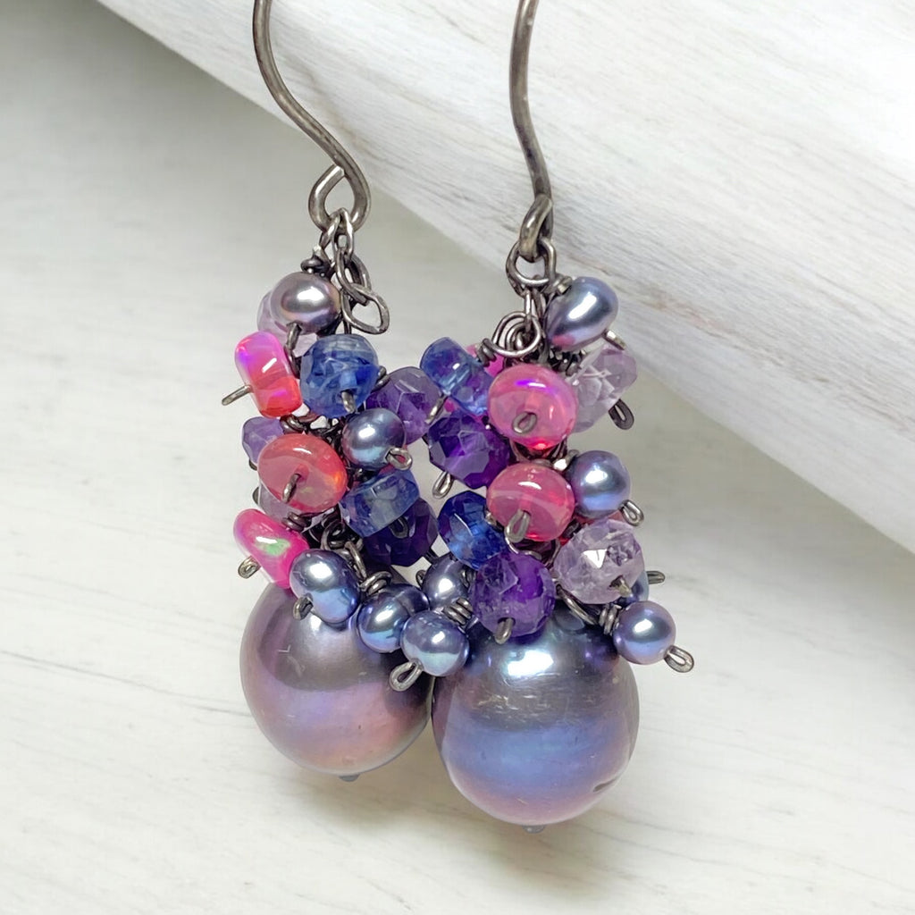 Peacock Pearl Cluster Earrings with Amethyst, Iolite and Pink Opals in Oxidized Sterling Silver