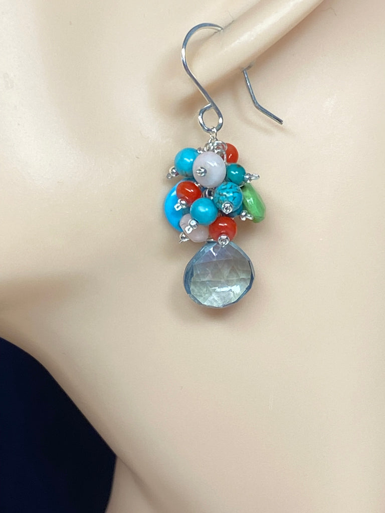Blue and Green Turquoise, Coral Dangle Earrings Sterling Silver - Doolittle