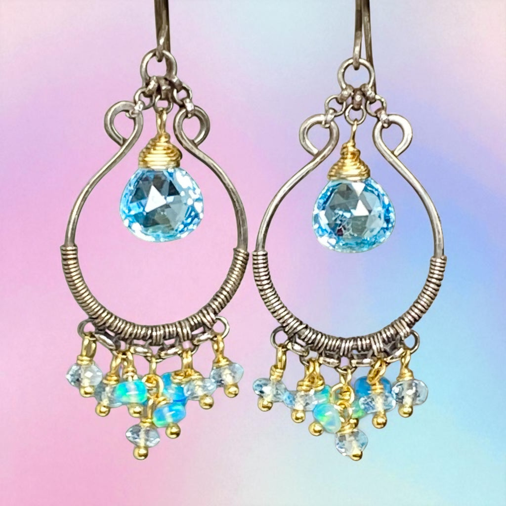 Blue Topaz, Opal, Chandelier Hoop Earrings Oxidized Silver Mixed Metal