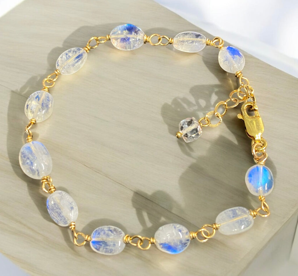 Rainbow Moonstone Wire Wrapped Bracelet, Gold Fill