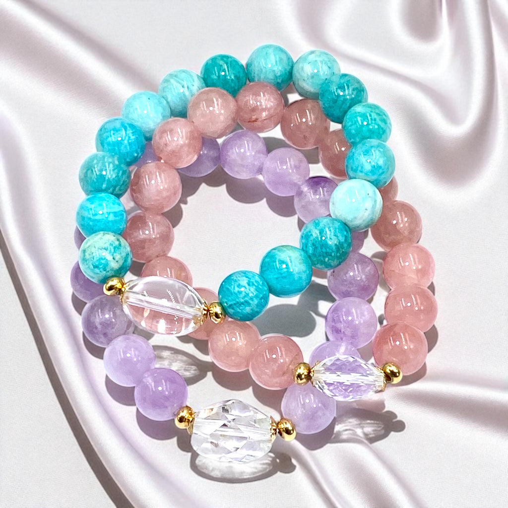 Pastel Gemstone Stretch Stacking Bracelet Set of 3 with Crystal Quartz