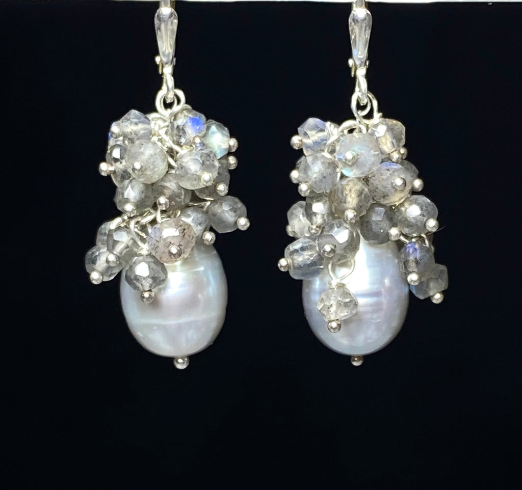 Silver Grey Pearl and Labradorite Cluster Earrings Sterling Silver - Doolittle