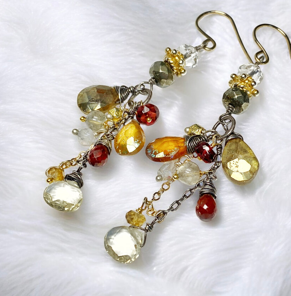 Pyrite Garnet Mixed Metal Long Dangle Earrings