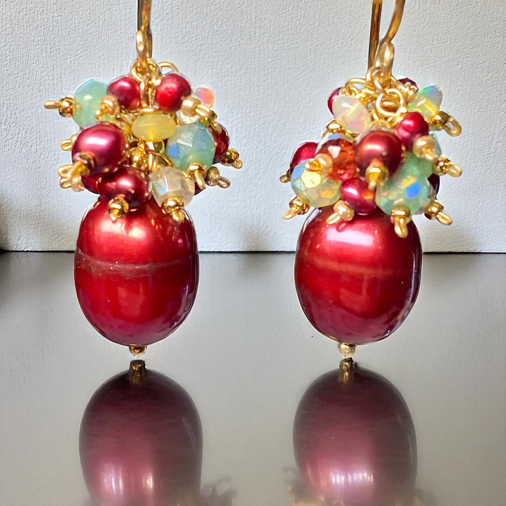 Red Pearl Gemstone Cluster Earrings, Gold Fill