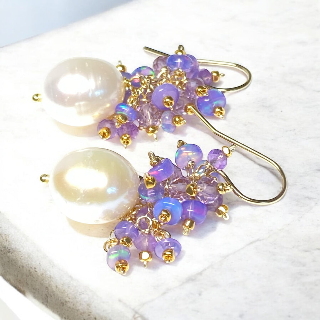 Lavender Blue Opal and Pearl Cluster Earrings, Gold Fill