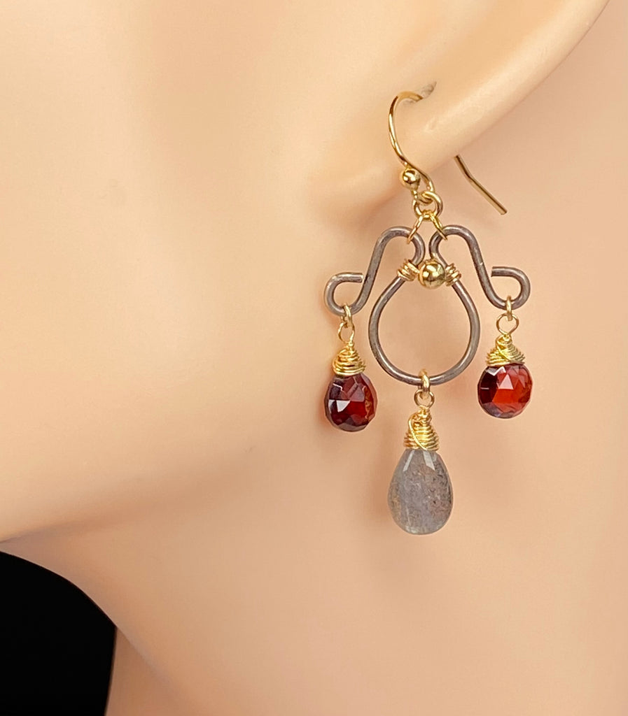 Red Garnet Heart & Labradorite Chandelier Earrings, Oxidized Silver & Gold Fill