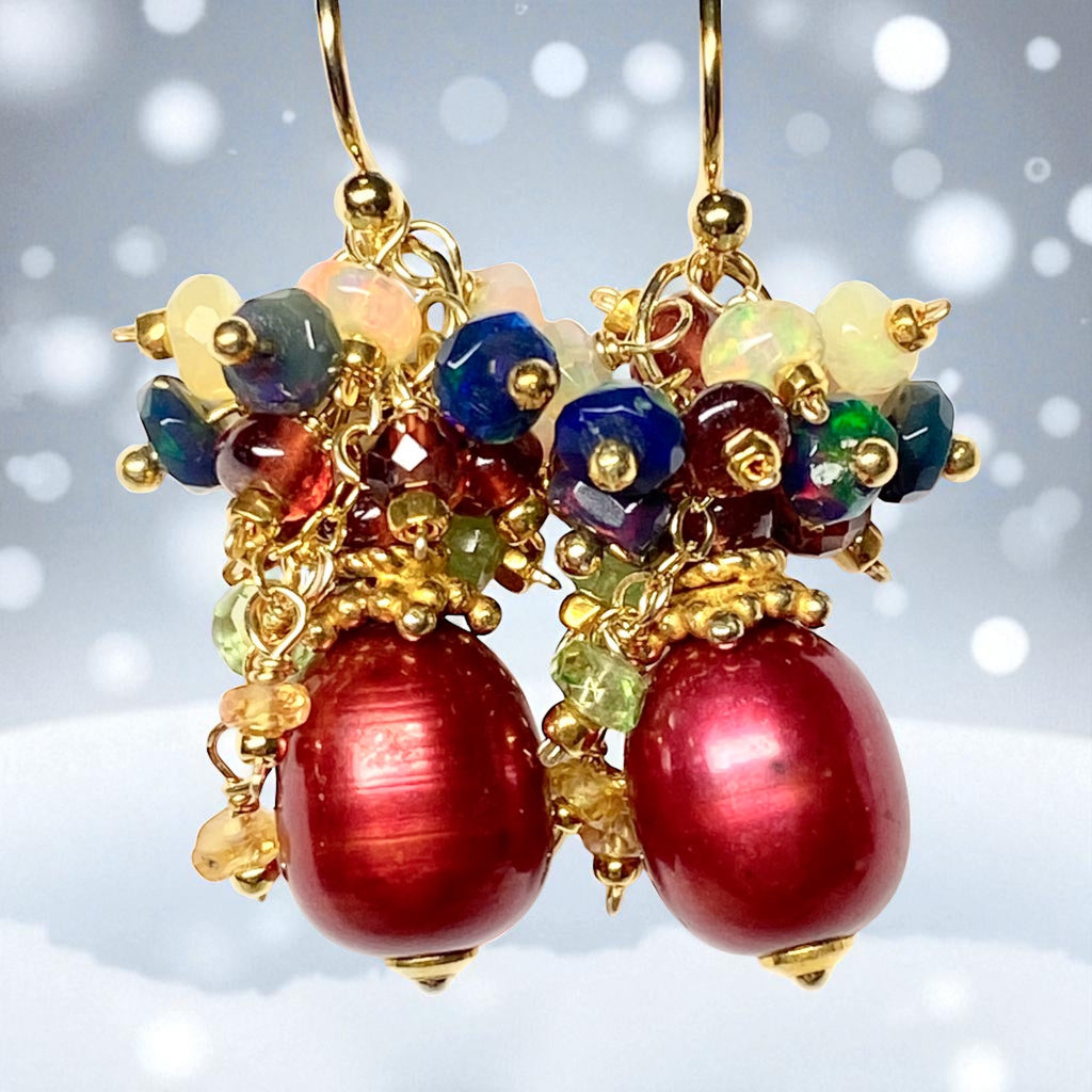 Red Pearl, Opal and Garnet Cluster Earrings Gold Fill 2
