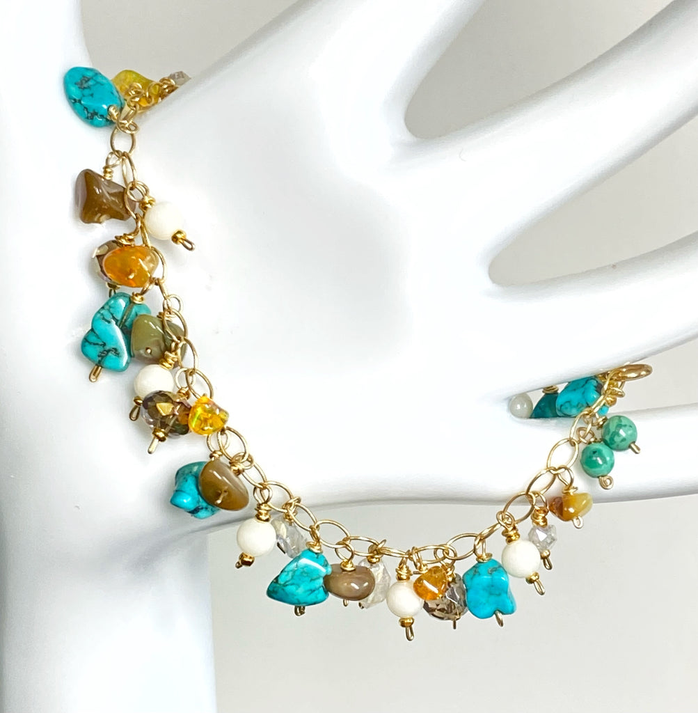 Dainty, Colorful Gemstone and Turquoise Handmade Gold Bracelet