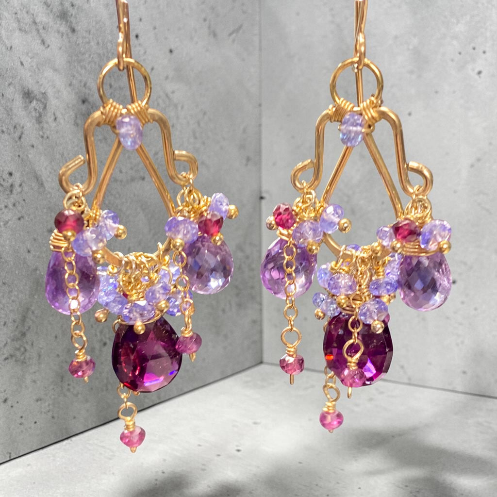 Amethyst Tanzanite Chandelier Earrings Gold Fill - Rhodolite Garnet Gemstone Cluster - Doolittle