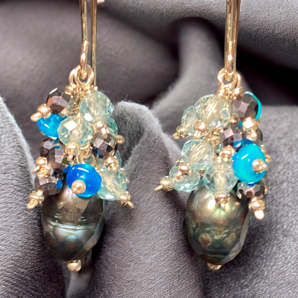 Petite Peacock Pearl Cluster Earrings — Teal Blue Opal, Aqua Apatite, Mystic Black Terahertz