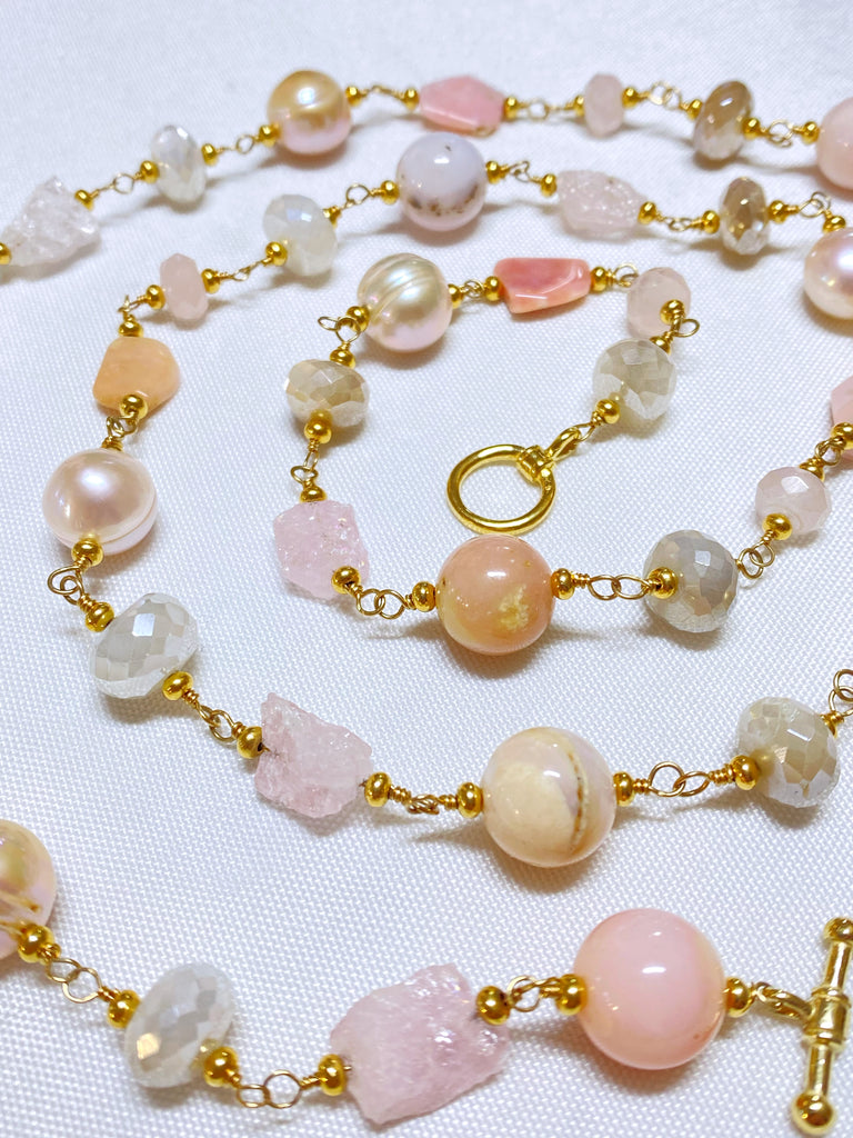 Pink Blush Gemstone and Pearl Long Necklace Gold Fill Wire Wrap
