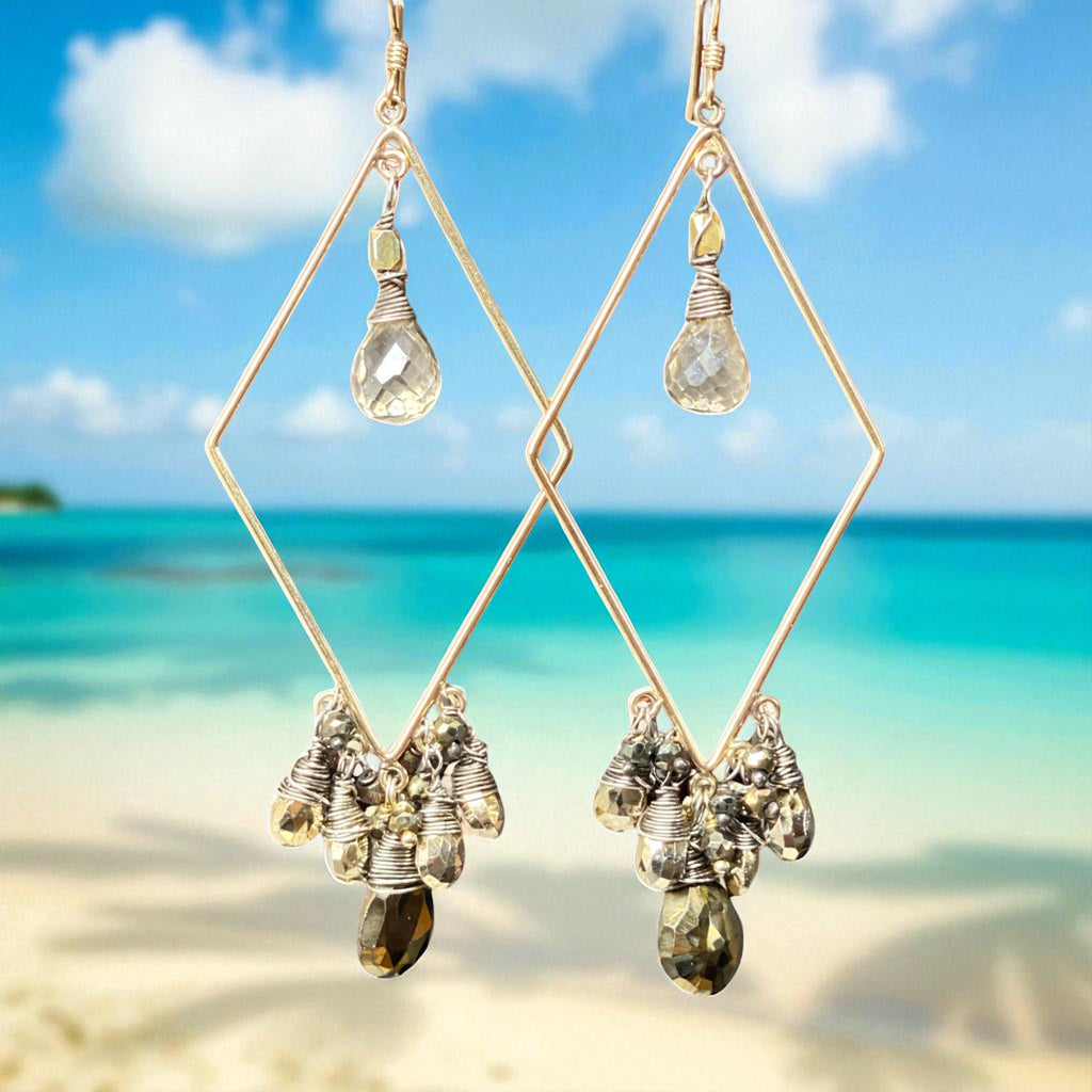 Mixed Metal Statement Hoop Earrings Pyrite Spinel Gemstones Gold Fill