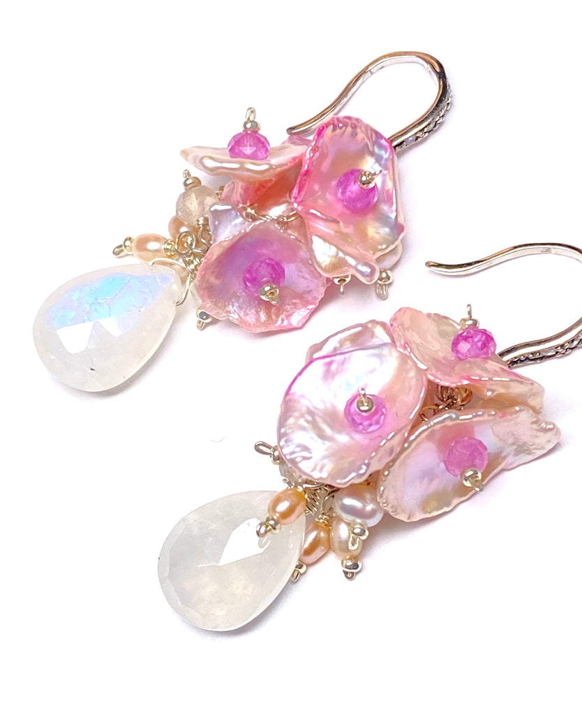 Moonstone, Pink Keishi Pearl, Pink Sapphire Cluster Earrings - Doolittle