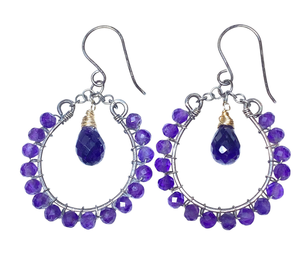 Purple amethyst chandelier hoop earrings mixed metals on white background