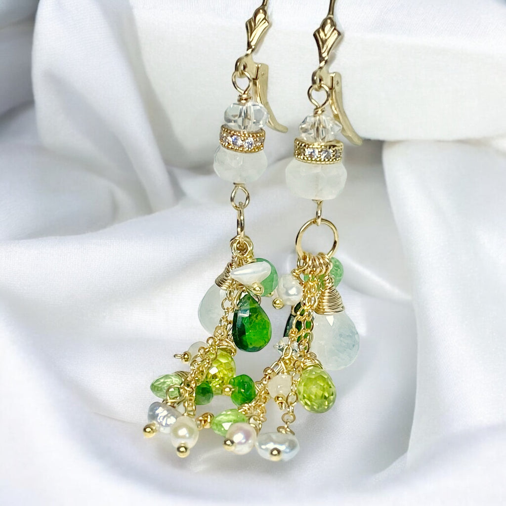 Green Gemstone Boho Dangle Earrings Peridot Chrome Diopside Tsavorite Gold 3