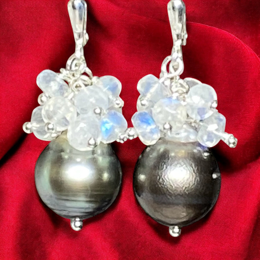 Tahitian Pearl Moonstone Cluster Earrings Sterling Silver