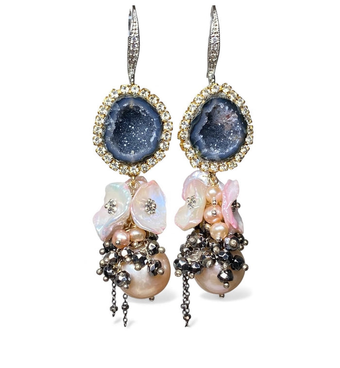 Pink Edison Pearl Cluster Earrings with Keishi and Black Geodes