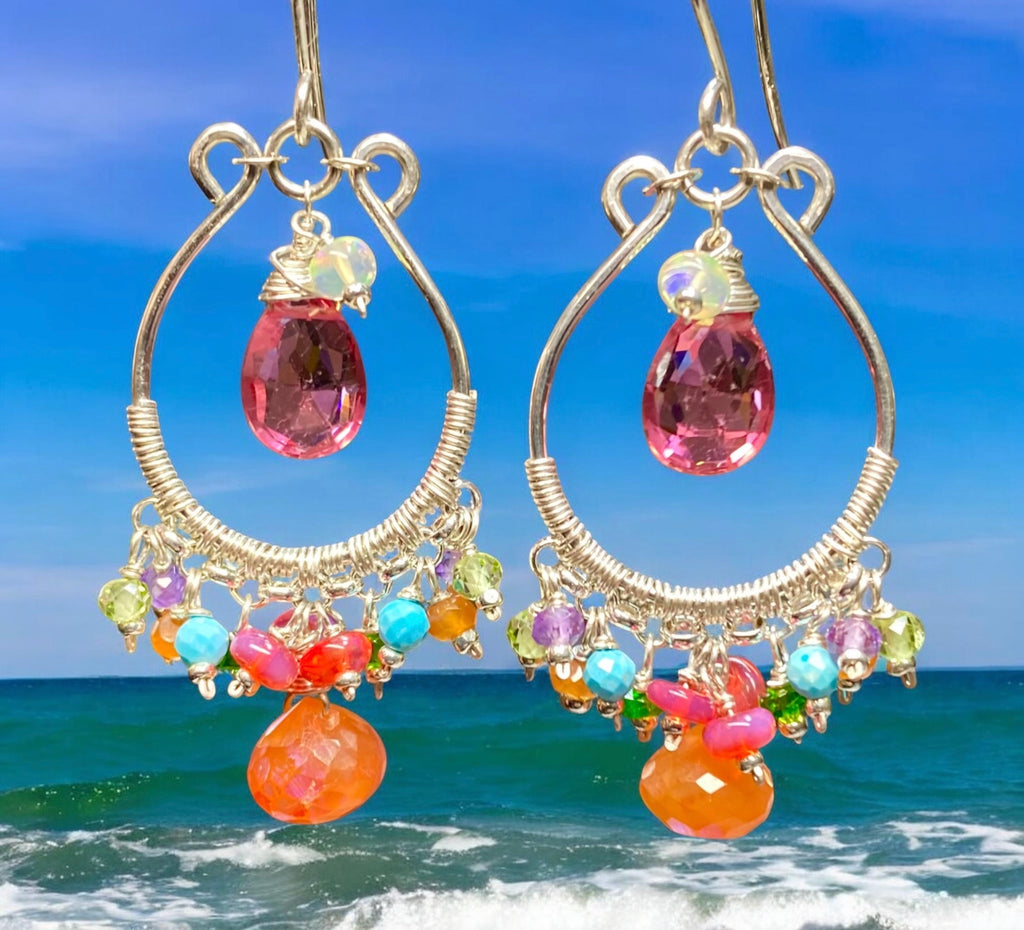 Pink, Orange, Multi Gemstone Sterling Silver Hoop Chandelier Earrings