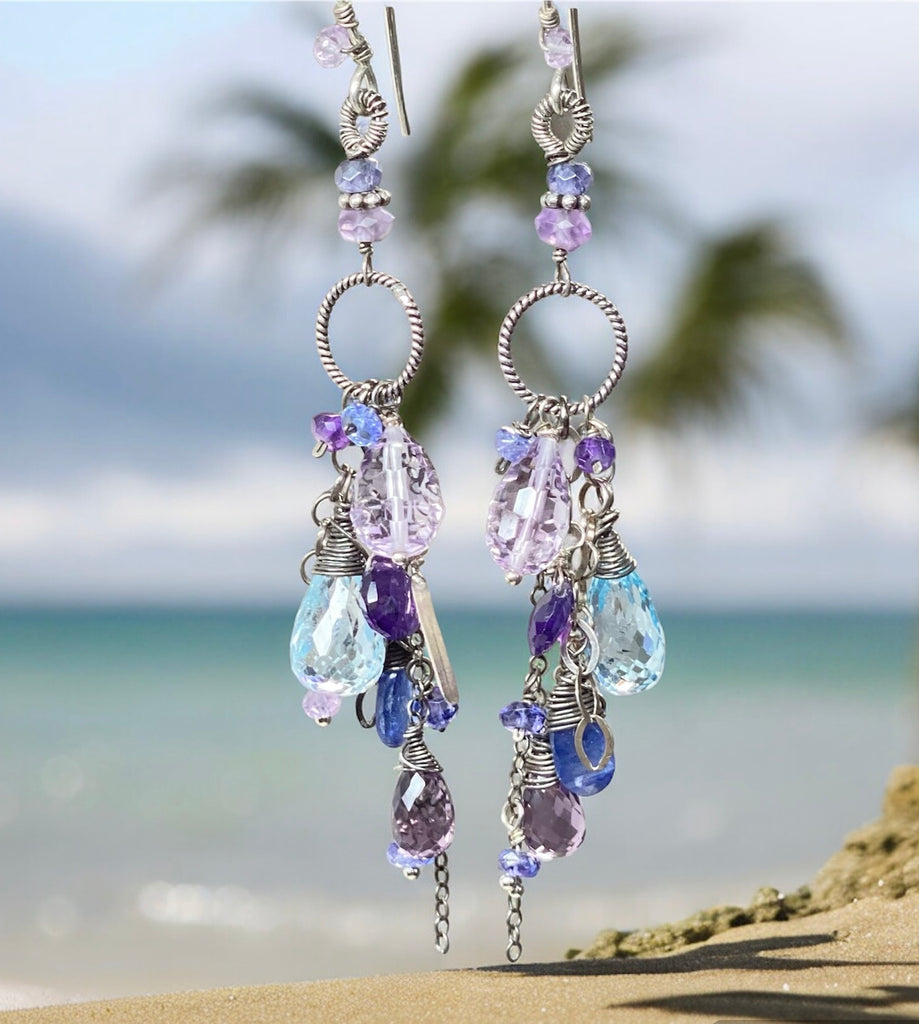 Blue Violet Boho Dangle Earrings Amethyst, Blue Topaz, Kyanite, Oxidized Sterling Silver