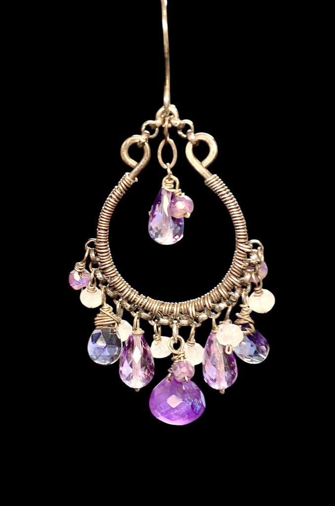 Blue Violet Oxidized Silver Hoop Chandelier Earrings Iolite, Lavender, Purple Amethyst