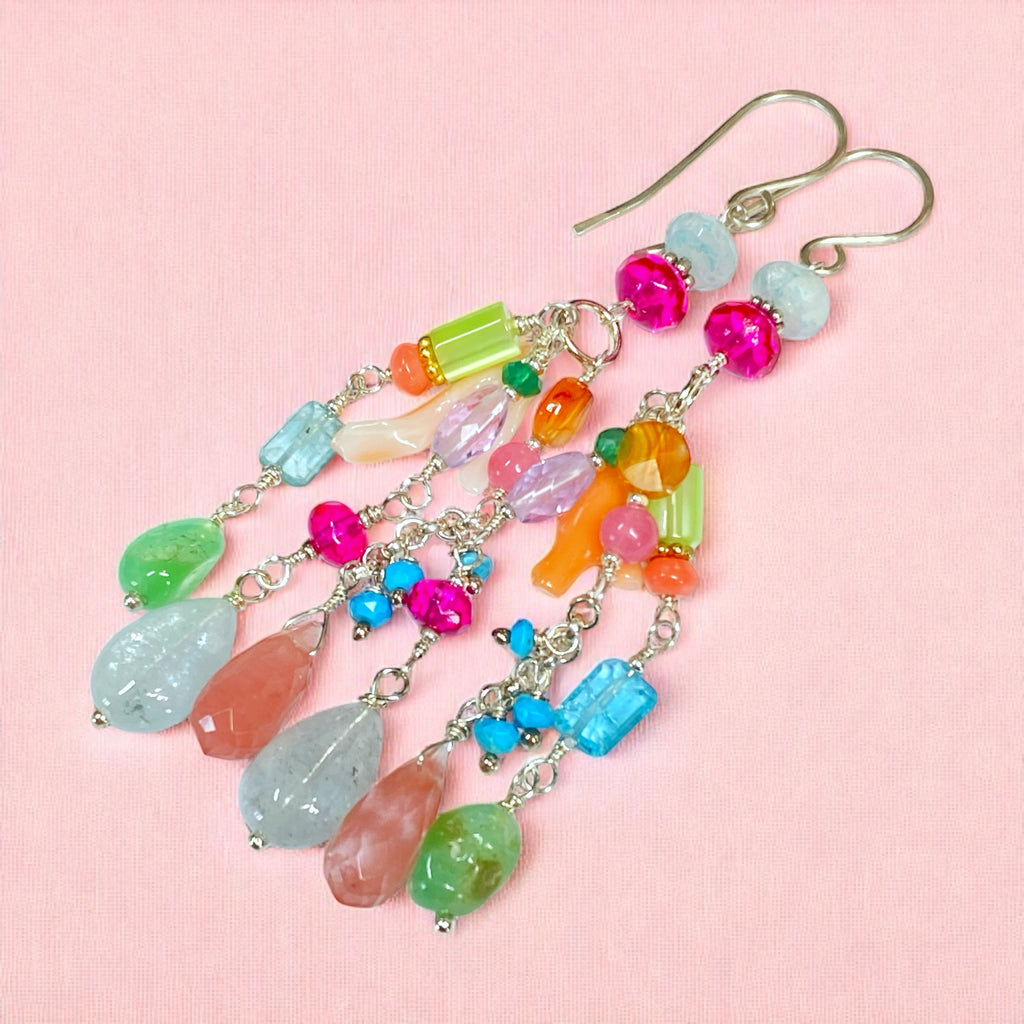 Multicolor Gemstone Dangle Earrings Sterling Silver - Aquamarine, Chrysoprase - Doolittle