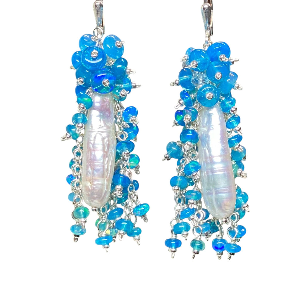 Blue Opal and Biwa Pearl Cluster Tassel Earrings Sterling Silver