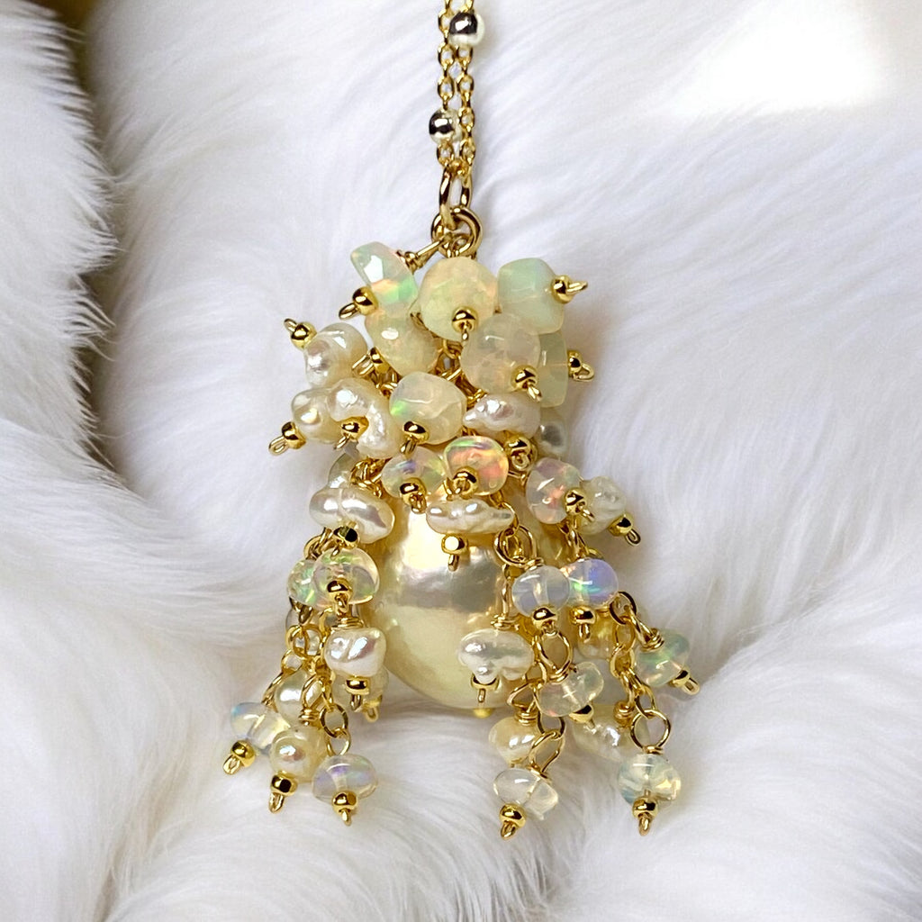 Golden Edison Baroque Pearl Opal Cluster Pendant in Gold Fill