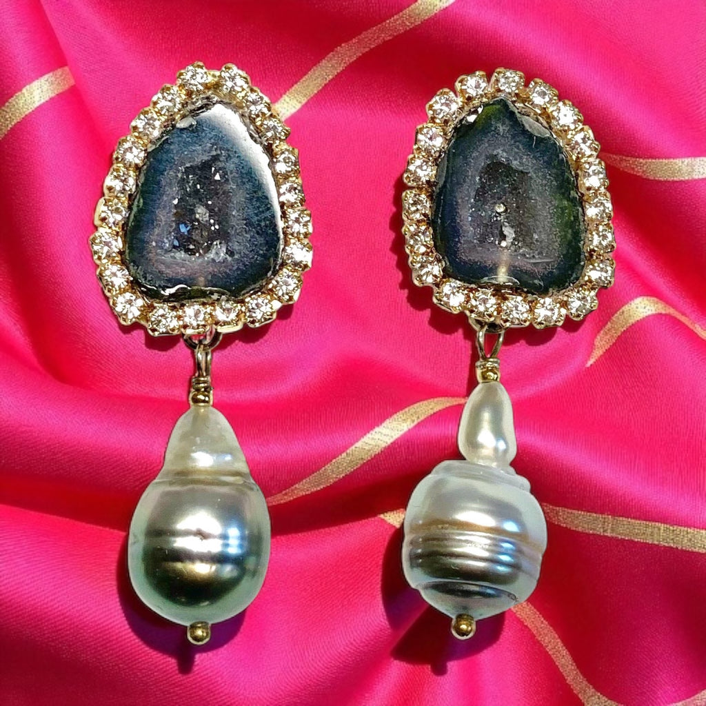 Black Tabasco Geode Earrings with Tahitian Pearls