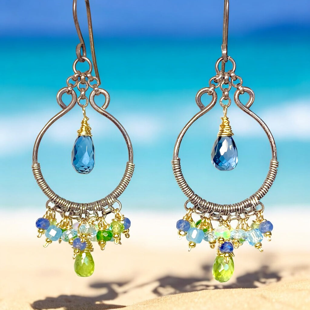 London Blue Topaz, Peridot, Oxidized Silver Hoop Chandelier Earrings Mixed Metal