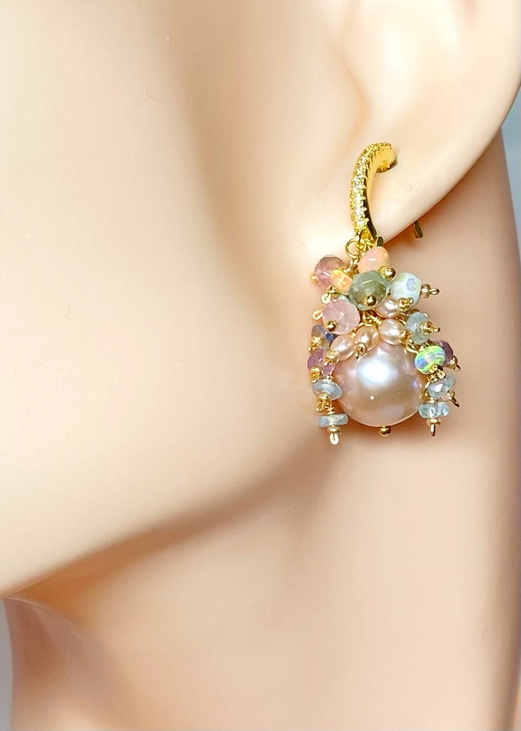 Pink Round Pearl and Gem Cluster Wedding Earrings with Tourmaline and Opals