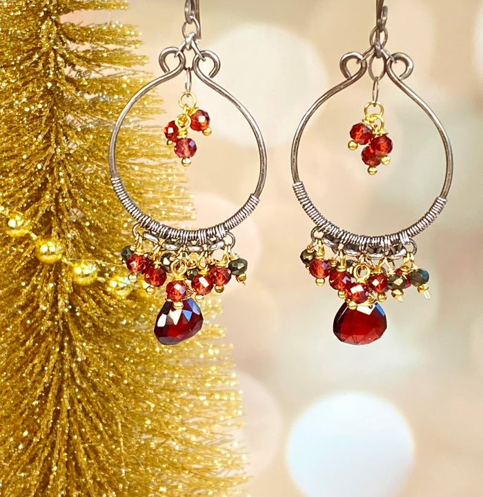 Red Garnet & Pyrite Chandelier Earrings, Oxidized Silver