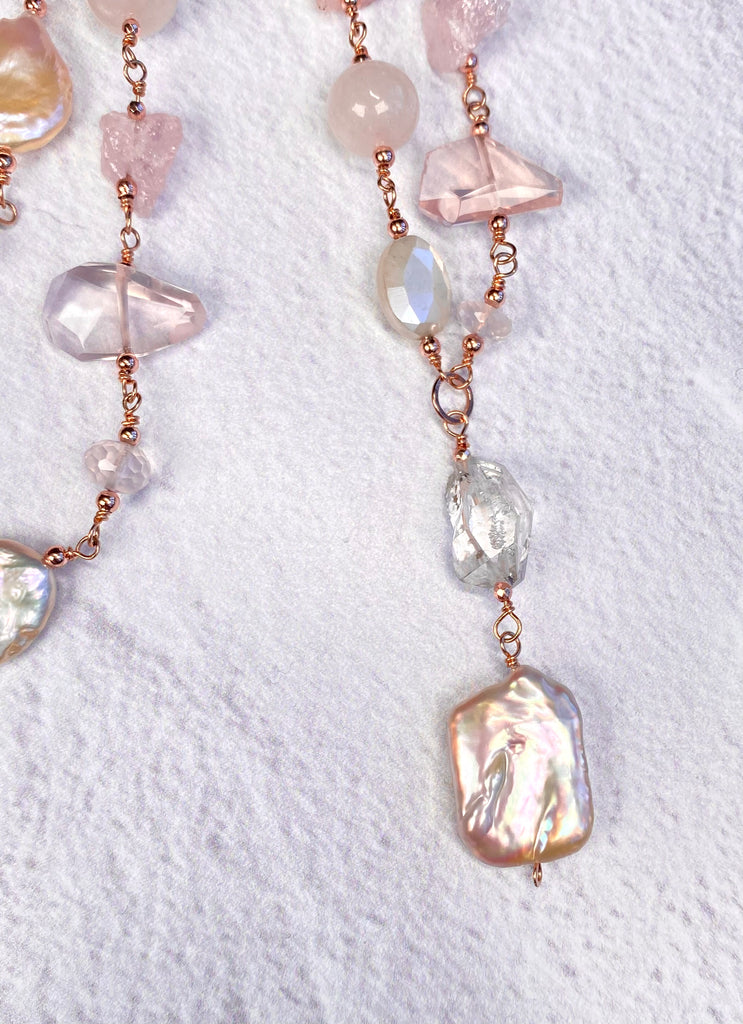 Blush Pink Coin Pearl Long Sautoir Necklace — Rose Gold Fill, Rose Quartz & Morganite