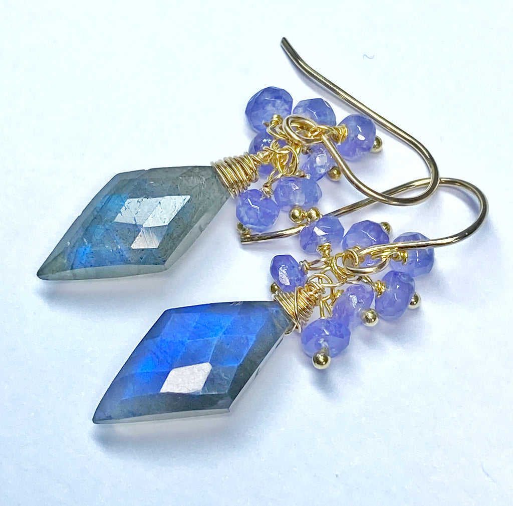 Blue Labradorite Fancy Cut Gem Earrings with Tanzanite Clusters: Gold Fill or Sterling Silver