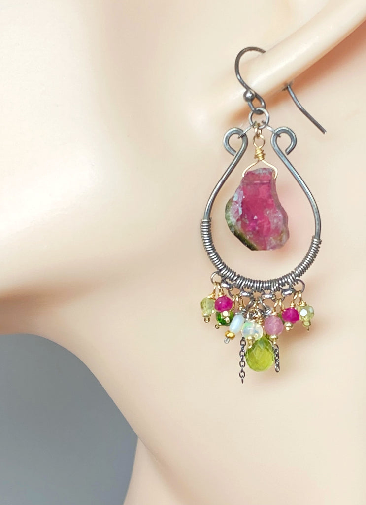 Pink Sapphire, Peridot, Watermelon Tourmaline Hoop Chandelier Earrings