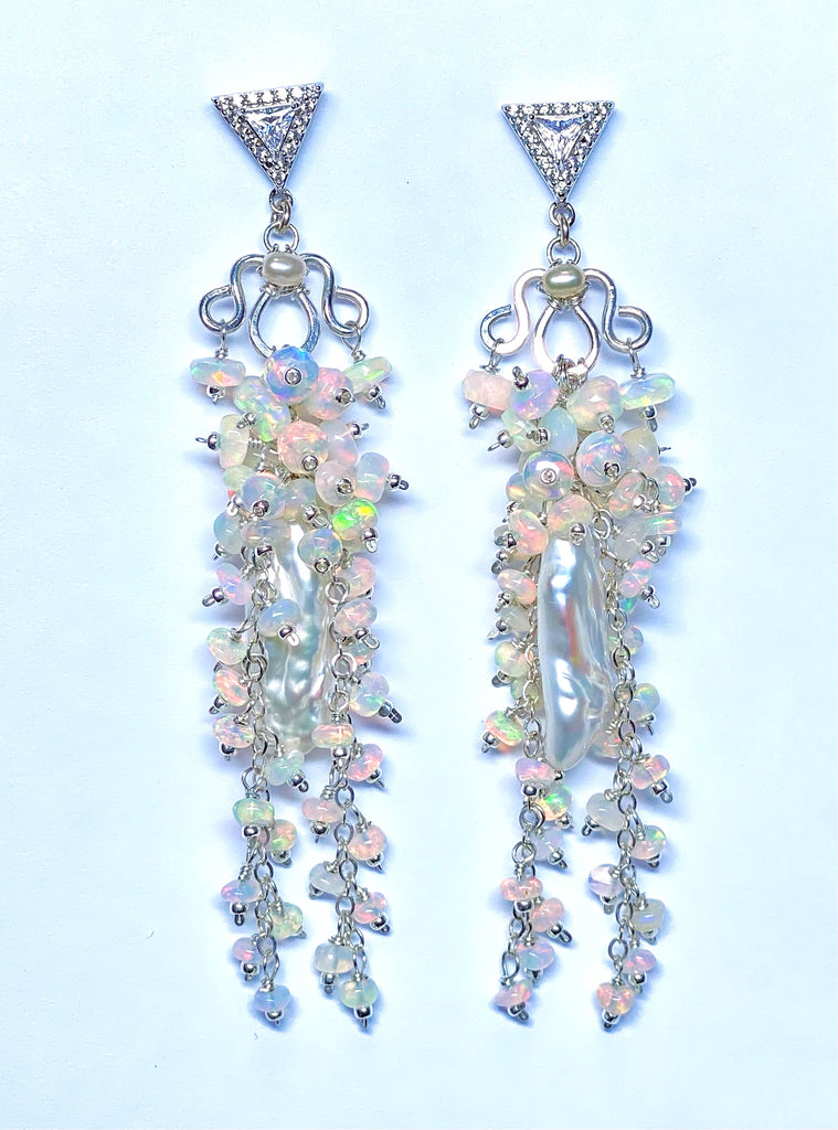 Handmade Bridal Chandelier Earrings with Opals, Sterling Silver 2