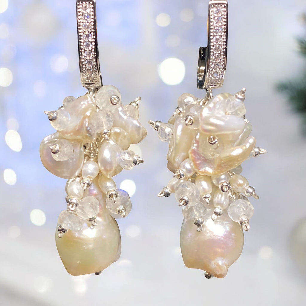 Baroque Flameball Pearl and Moonstone Cluster Bridal Earrings