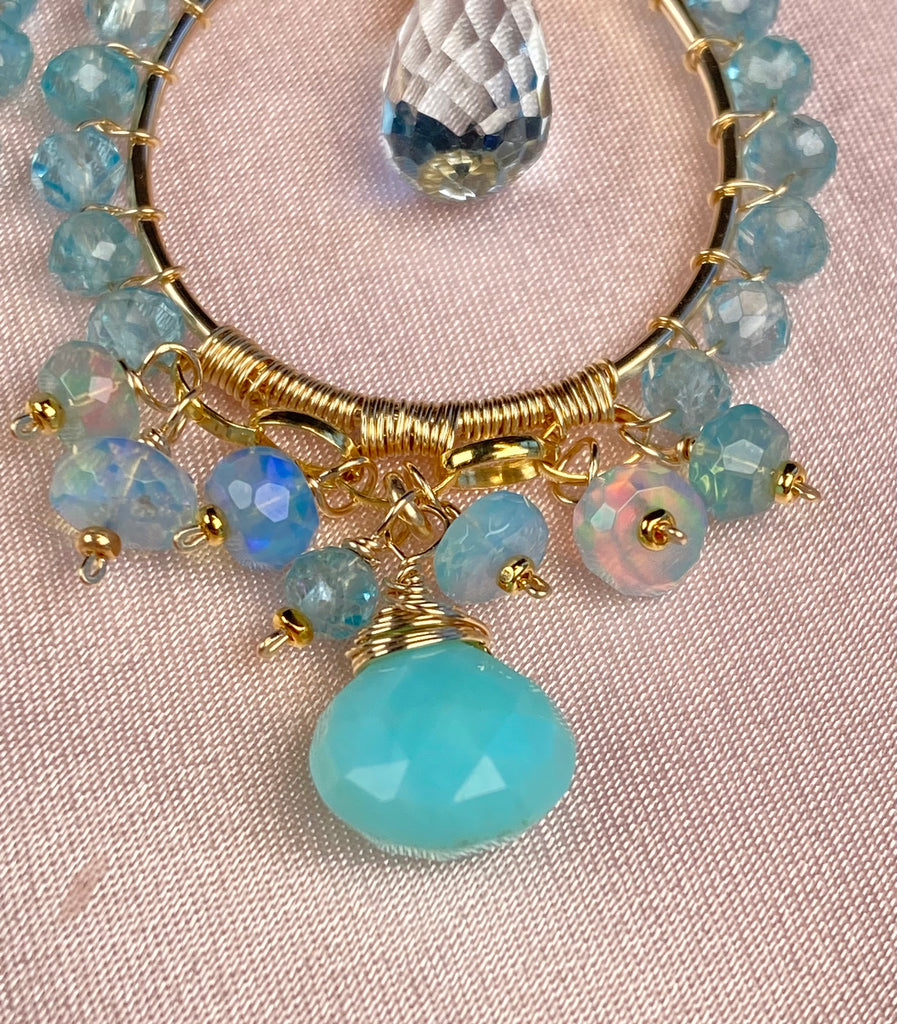 Blue Topaz and Opal Chandelier Hoop Earrings, Apatite, 14k Gold Fill