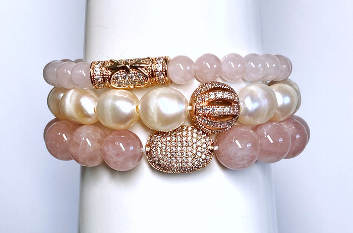 Pink Rose Quartz and Pearl Stretch Bracelet Set of 3, Rose Gold Pave CZ