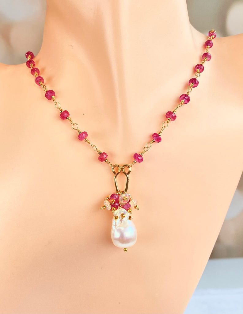 Pink Sapphire Gold Fill Wire Wrap Necklace Rosary Style Baroque Pearl Pendant